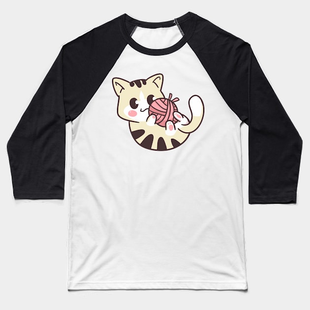 Kawaii Cat Playing With Yarn Ball Baseball T-Shirt by Illustradise